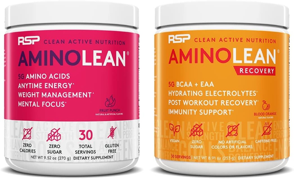 RSP NUTRITION AminoLean Pre workout Energy (Fruit Punch 30 Servings) kanssa AminoLean Recovery Post Treenout Boost (Blood Orange 30 Servings)