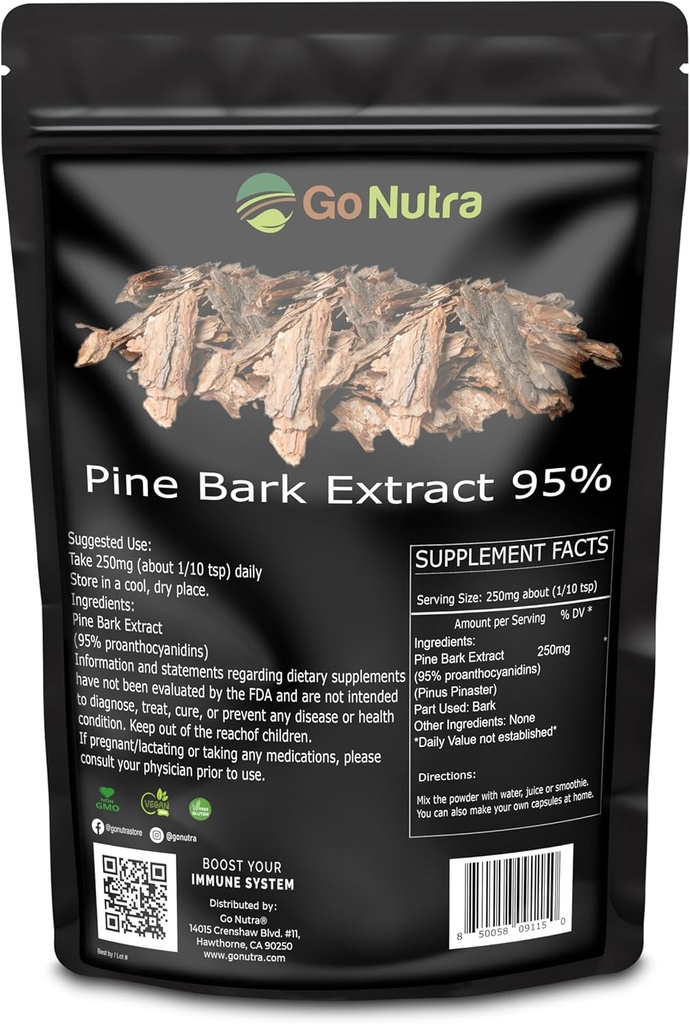 Gå Nutra Pine Bark Extract Powder Standardized 95% Proanthocyanidins Pine Bark Powder Potent Supplement 8oz. Pure Non-GMO Vegan