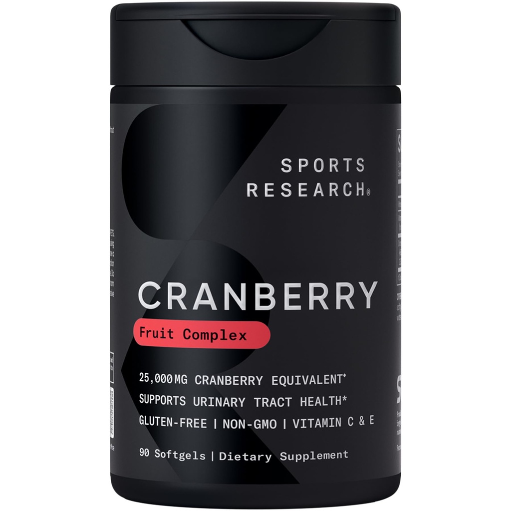 Sports Research Cranberry Fruit Complex Supplement - Softgels for Urinary Tract Health Support - Lika till 25 000 mg Cranberries, tillverkad med Pacran & Vitamins C & E - Non-GMO & Gluten Free - 90 Count