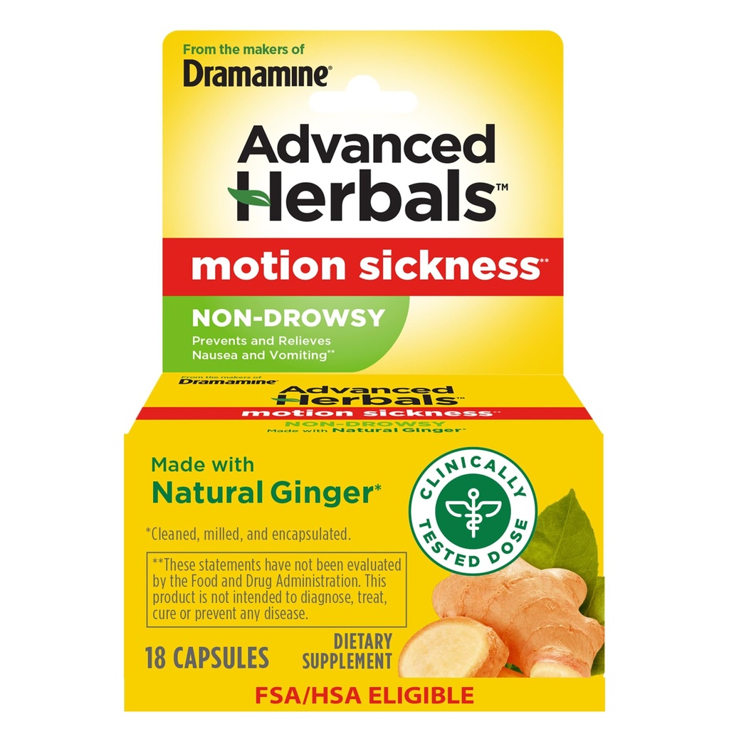 Från Makers of Dramamine, Advanced Herbals, Non-Drowsy, Motion Sickness Relief, Made with Natural Ginger, 18 Count