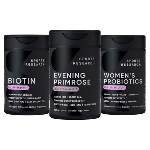 Sports Research Evening Primrose Supplement from Cold Pressed Oil, Vegan Biotin 10 000 mcg Coconut Oil & Women's Probiootit Prebiootit, 65 miljardia PMY