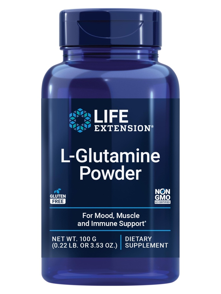 Life Extension L-glutamiinijauhe, Aminohappo, tukee lihasten terveyttä ja immuuni terveyttä, gluteeniton, ei-GMO, kasvissyöjä, 100 grammaa