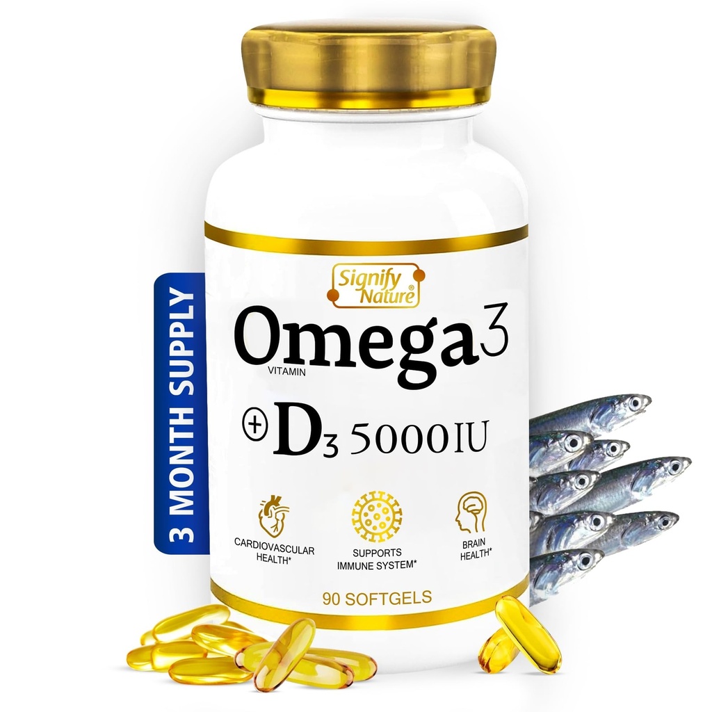 SIGNIFY LUONNE Omega 3 Fish Oil täydentää D3-vitamiini 5000 IU - 1000 mg Triglyseridi kapselit aivojen terveyttä - Omega3 EPA DHA + VIT D 3-90CT