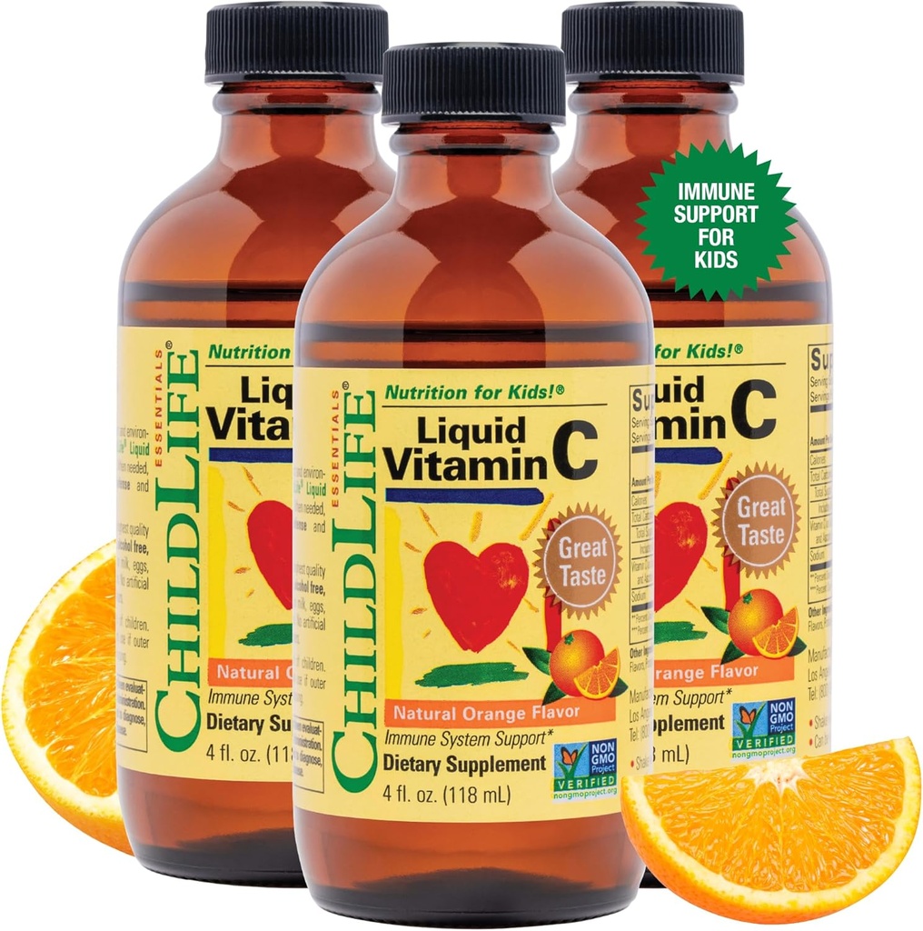 CHILDLLIFE OLENNAISET Nestemäinen C-vitamiini - Pure C-vitamiinin nestemäinen täydentää lapsille, Immuunijärjestelmä tuki, Suuri maku - Natural Orange, 4 Fl Oz (pakkaus 3)