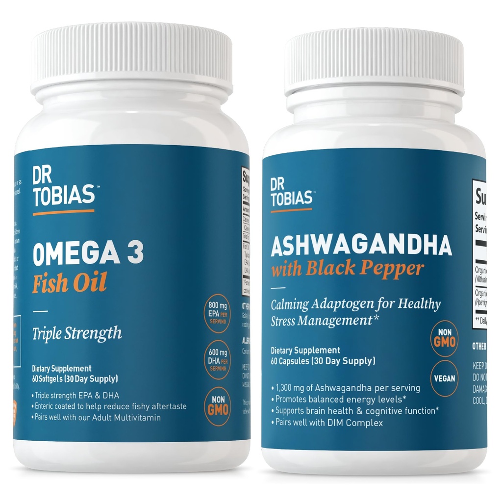 Dr Tobias Omega 3 Fish Oil och Ashwagandha Capsules, Support Overall Wellness & Balanced Energy & Resilience, Non-GMO