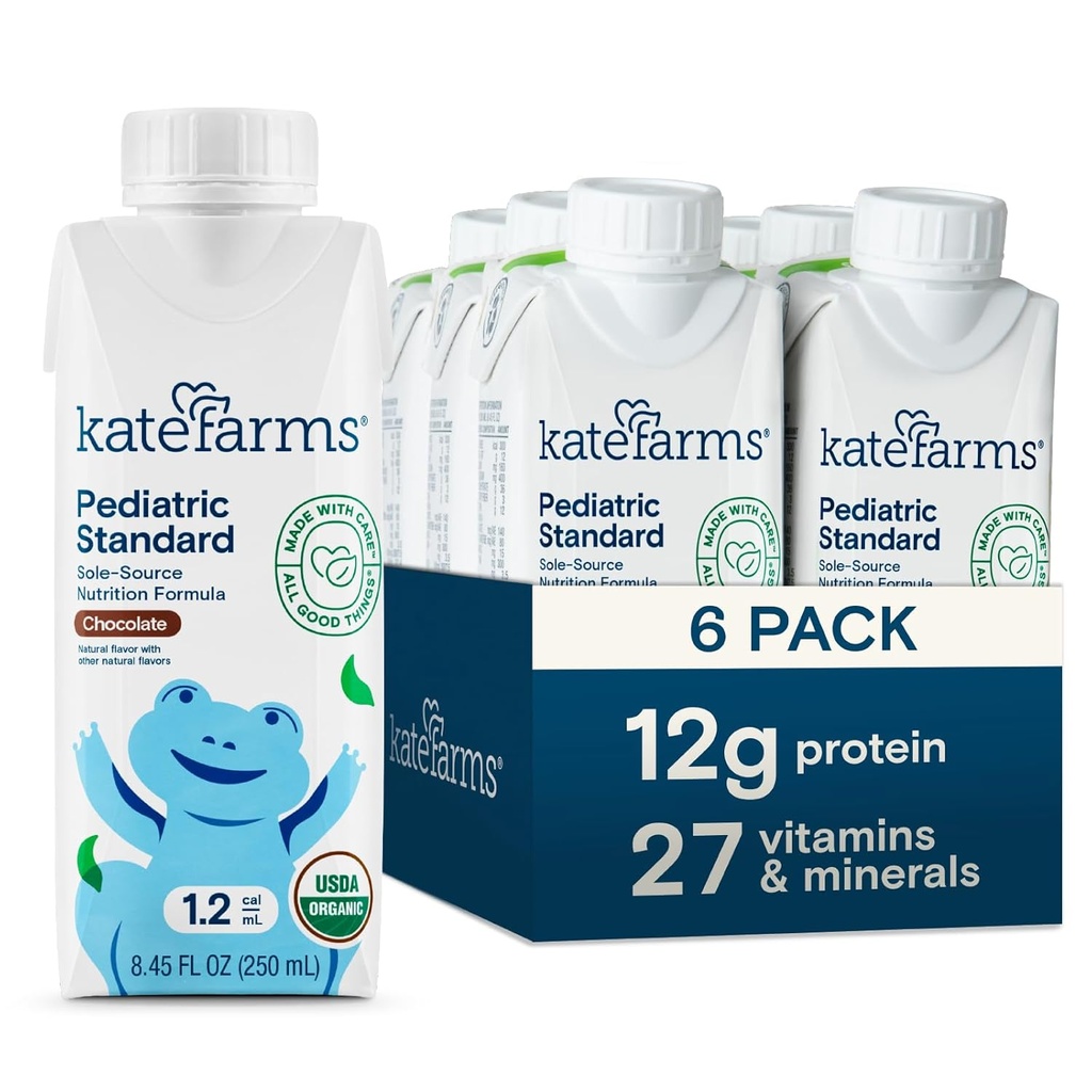 KATE FARMS Organic Pediatric 1.2 High Calorie Chocolate Nutrition Shake, 12g proteiinia, 27 vitamiinia ja kivennäisaineita, Aterian korvaaminen, 8.45 oz (6 pakkaus)
