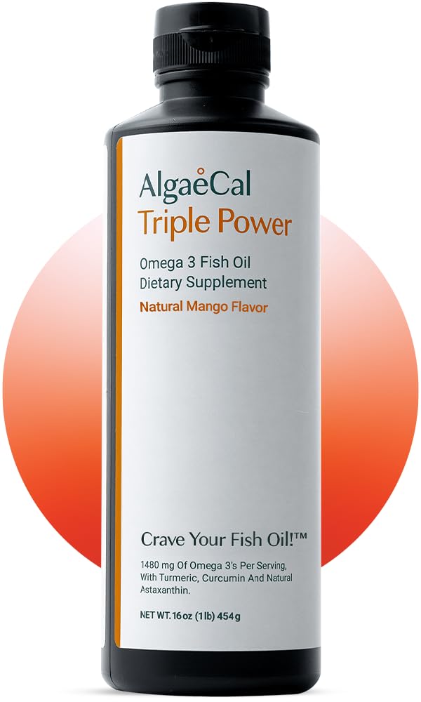 ALGAECAL Triple Power 1200mg EPA & DHA Omega 3 Fish Oil Supplement, Supporting Brain, Heart, Iho ja luut, Liquid Emulsion Mango Maku, Burp-Less, Sokerivapaa, Valmistettu USA