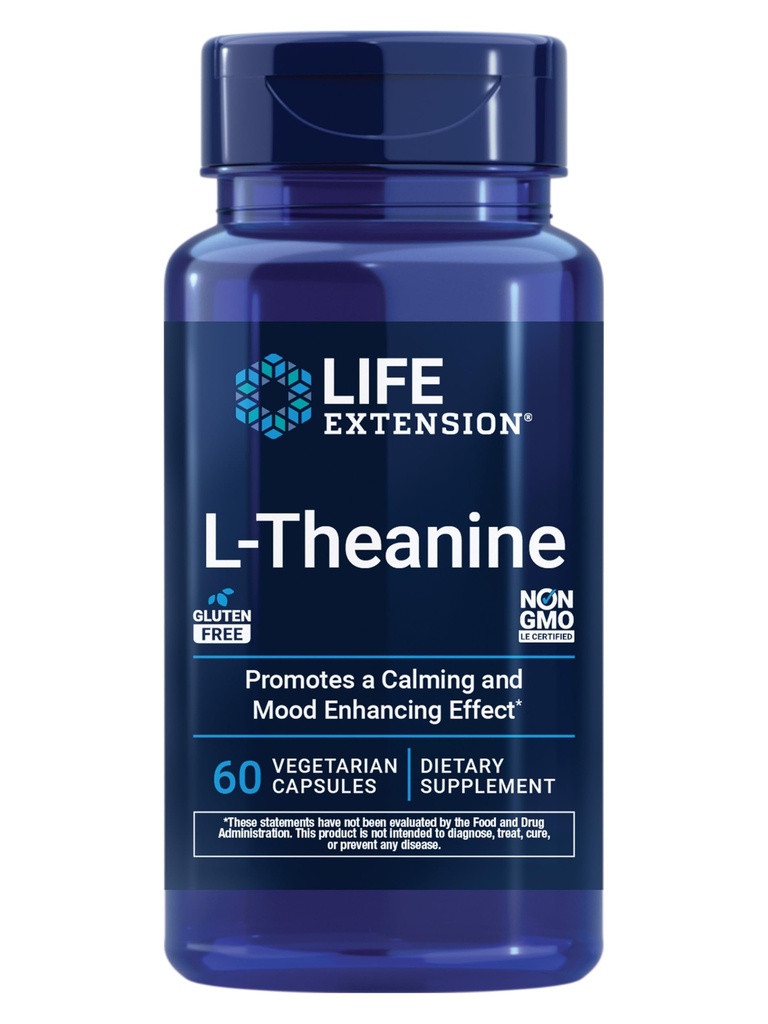 Life Extension L-Theanine, Aminohappo-theaniini, rauhallinen, rentoutuminen, mieliala, Gluteeniton, ei-GMO, kasvissyöjä, 200 mg, 60 kapselia