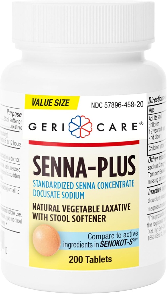 GeriCare Senna Plus Natural Laxative jakkara Softener, Docusate Sodium 50mg, Sennosides 8,6 mg, 200 tablettia (pakkaus 1)