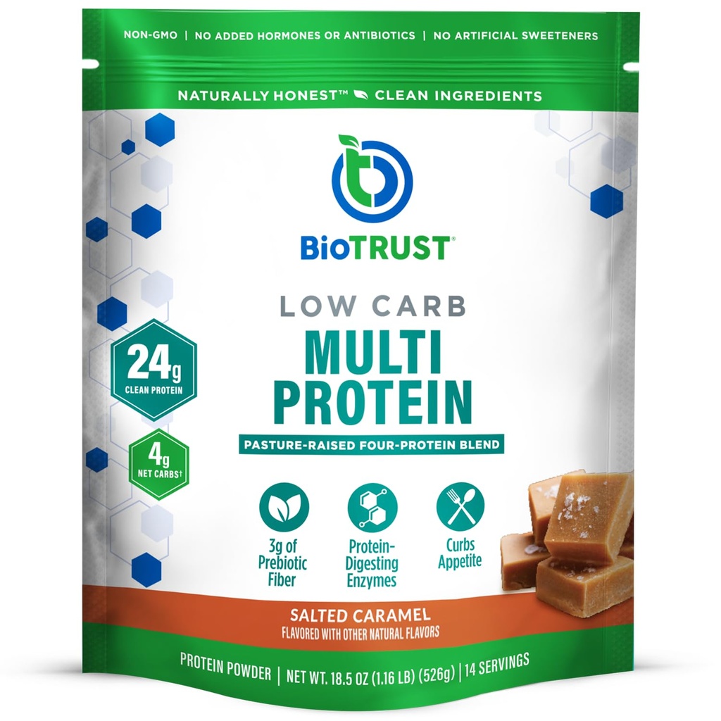 BioTrust Low Carb Protein Powder - Terve Eristetty heraproteiinijauhe ja Casein Blend alkaen Grass-Fed, Pasture-Raastettu Nauta, Plus Ruoansulatuskanavan entsyymit - Suolattu Karamelli, 14 Tarjoilu