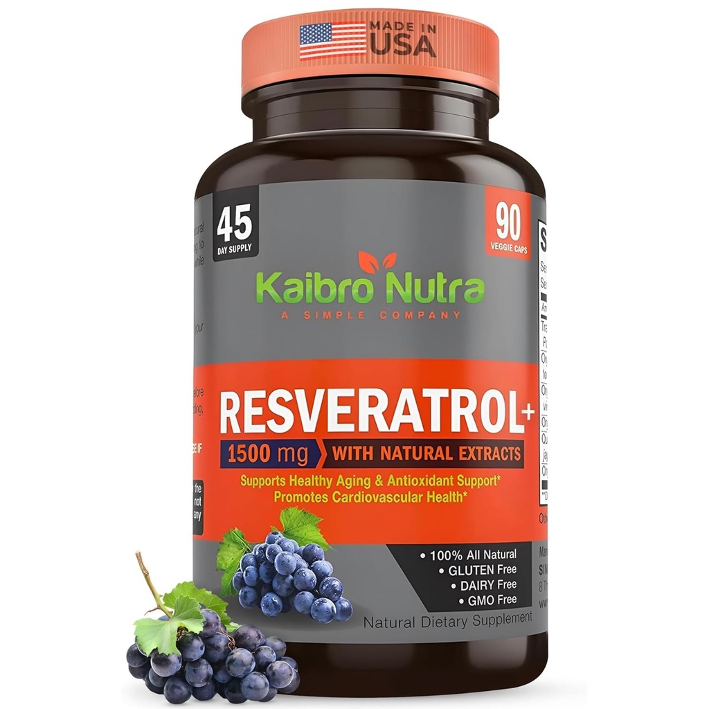 Kaibro Nutra Resveratrol Supplement, 1500 mg Extra Strength Trans Resveratrol, Quercetin japanilaisen solmukkeen uutteet, anti-aging, Radiant ihon ja immuniteetin tuki, vegan & non-GMO, 90 kapselia