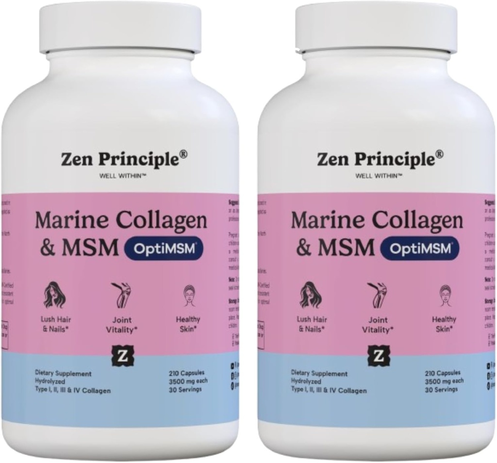 Zen Periaate Marine Collagen Peptides Powder with OptiMSM® Supplement. Kliinisesti testattu ihotuki. Villikala, ei-GMO. 420 kapselia.