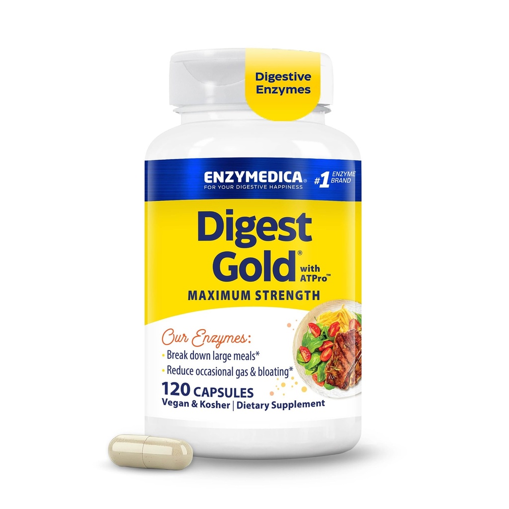 Enzymedica Digest Gold + ATPro, Maximum Strength Digestive Enzymes, hjälper Digest Large Meals, för gas och uppblåsthet, 120 kapslar