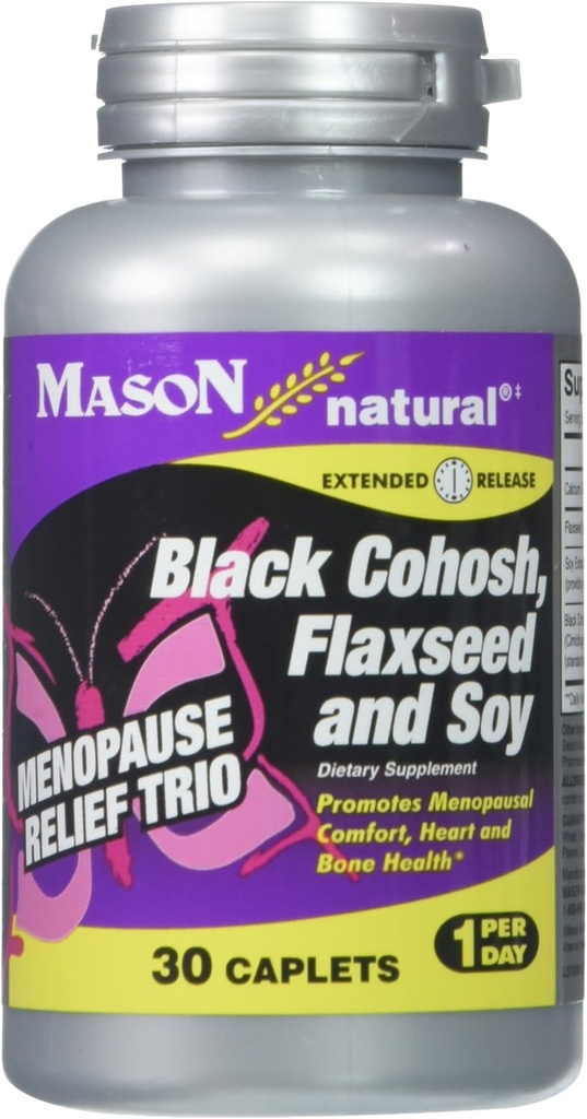 MASON NATURAL Vaihdevuodet Trio: Musta Cohosh, pellavansiemen, & Soija (lisätty julkaisu) - Voi Alleviate Hot Flashs & Night Heats*, Tukee Terve Hormoni Balance*, 30 Caplets
