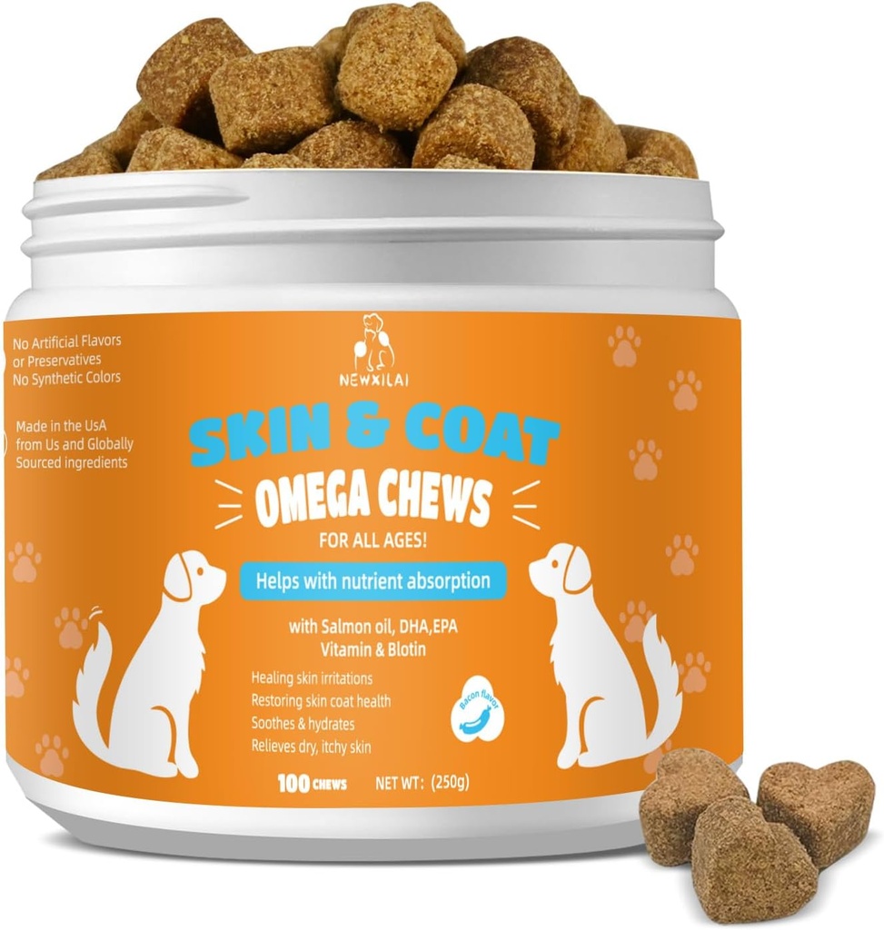 Iho ja takki Purut koirille - kutiava ihot koira täydentää tukea Hot Spot Mukavuus ja shedding Allergia Yhteinen terveys Omega 3 Kalaöljy, EPA & DHA rasvahapot, Bacon Flavor 100 Count Softs Treatments
