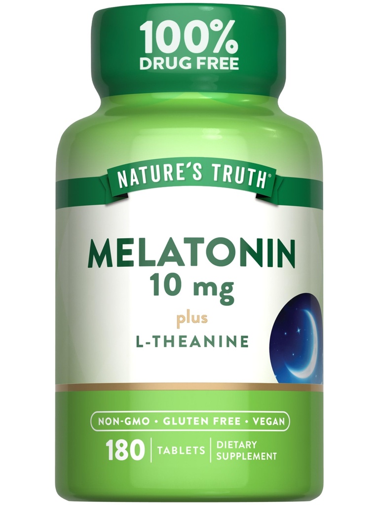 Nature's Truth Melatoniini Tabletit ... 10mg ... 180 kreivi... L-Theanine... 100% Drug Free Supplement for Adults.