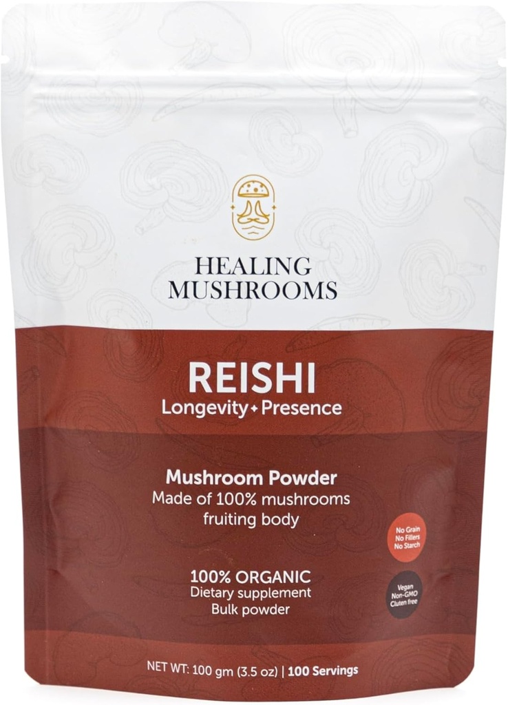 Reishi Pure Powder, Organic Mushroom Supplement for Immune Support, Longevity, Mieliala, Uni, Ei Fillers, Ei GMO