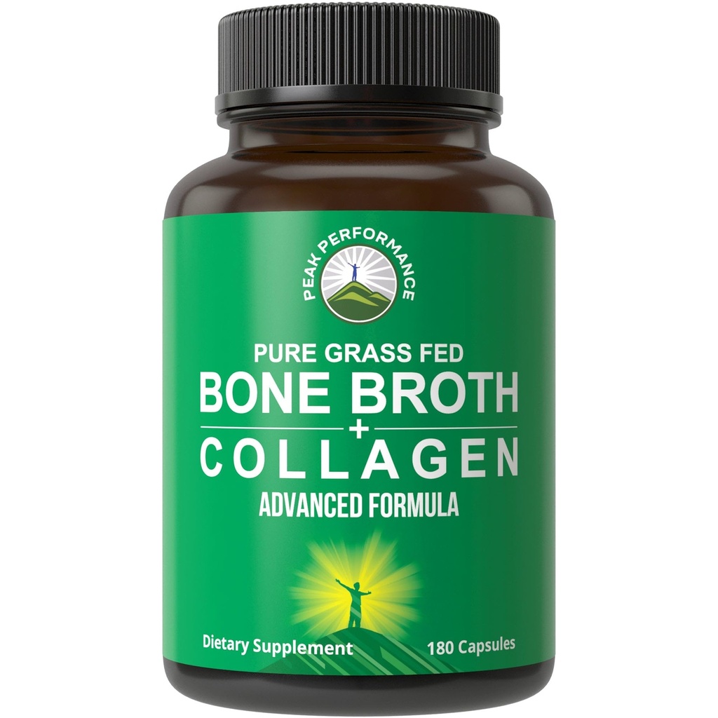 Bone Broth Collagen -kapselit. 180 pilleriä Grass Fed Brone Collagen Protein Peptidejä. Sisältää kaikki 3 tyypit 1, 2 ja 3. Puhdasta pastaa Raised Paleo ystävällinen tabletti naisille ja miehille