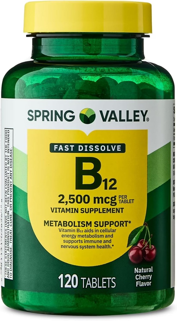 Spring Valley, B12 2500 MCG, B12 nopeasti liukenevat Cherry Flavor Tabletit Ravintolisä, B12-vitamiini, 120 Count - Uusi Look (Pack of 1)
