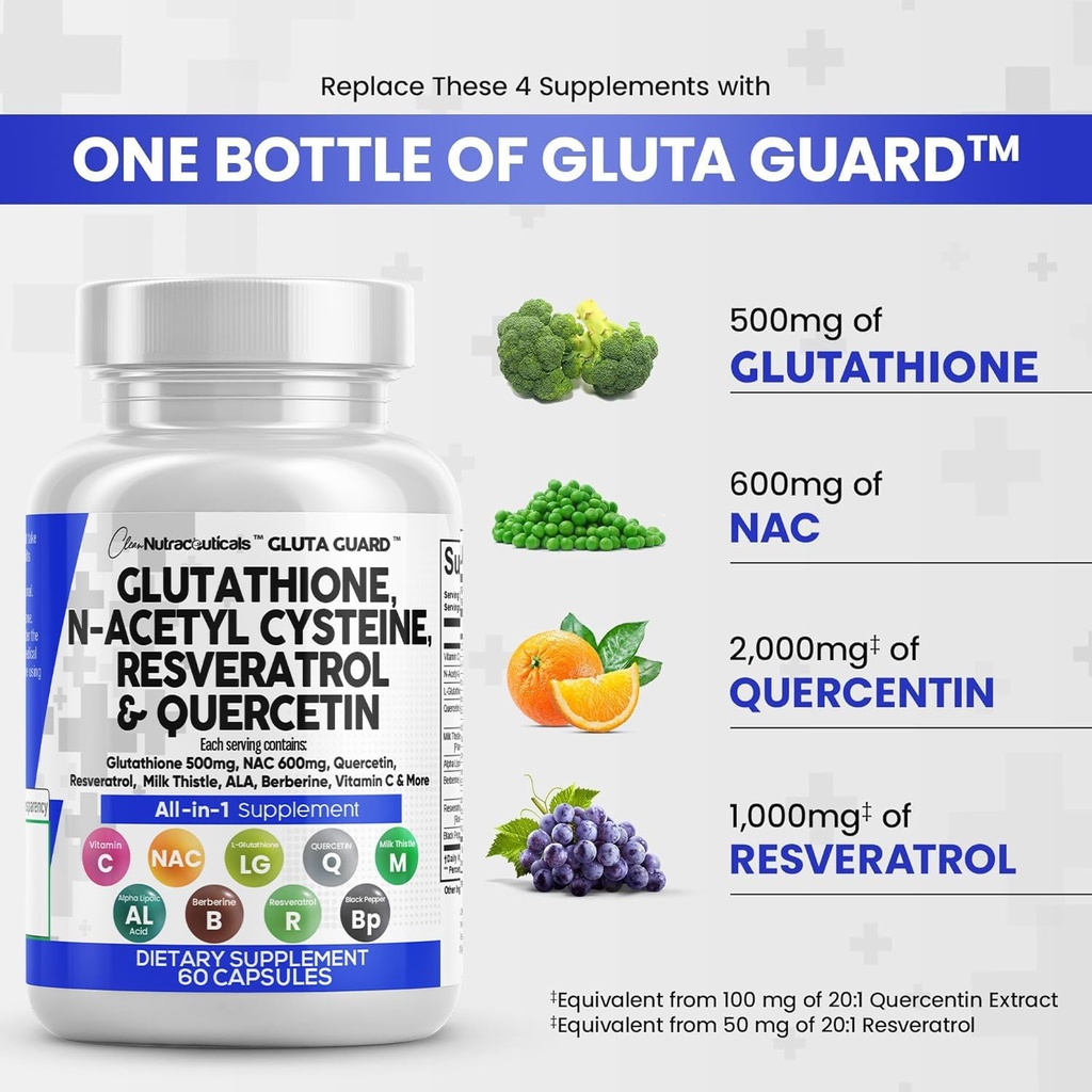 Clean Nutraceuticals Glutatione 500 mg Supplement C-vitamiini N Acetyl Cysteine 600mg Berberine 1000 mg Resveratrol Quercetin Alpha Lipoic Acid - Alennettu L Glutation Free Form Naisten 60 Ct USA Made
