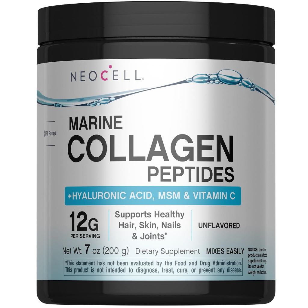 Neocell Marine Collagen with Hyaluronic Acid, MSM and Vitamiine C, Keto Collagen Supplements, for Skin Care and Joint Health, Unmaled, Powder, 7 oz, 1 Canister