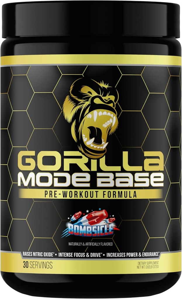 Gorilla Mind Base Pre Treout - Nostaa typpioksidin Intense Focus & Drive Endurance Power - L-sitrulliini, L-tyrosiini, Betaiini, Alpha-GPC, kofeiini, Huperzine A - 360 grammaa (Bombsicle)