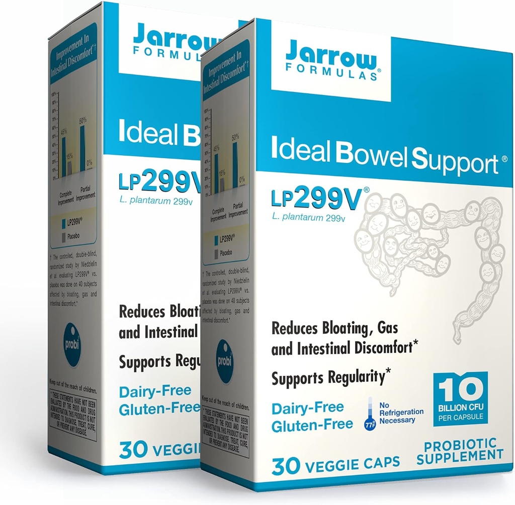 Jarrow Formulas Ideal Bowel Support - 10 miljarder organismer Per Serving - 30 Veggie Caps, Pack of 2 - Bowel Support - Reducerar Bloating?, Gas & Intestinal Discomfort - Upp till 60 Total Servings