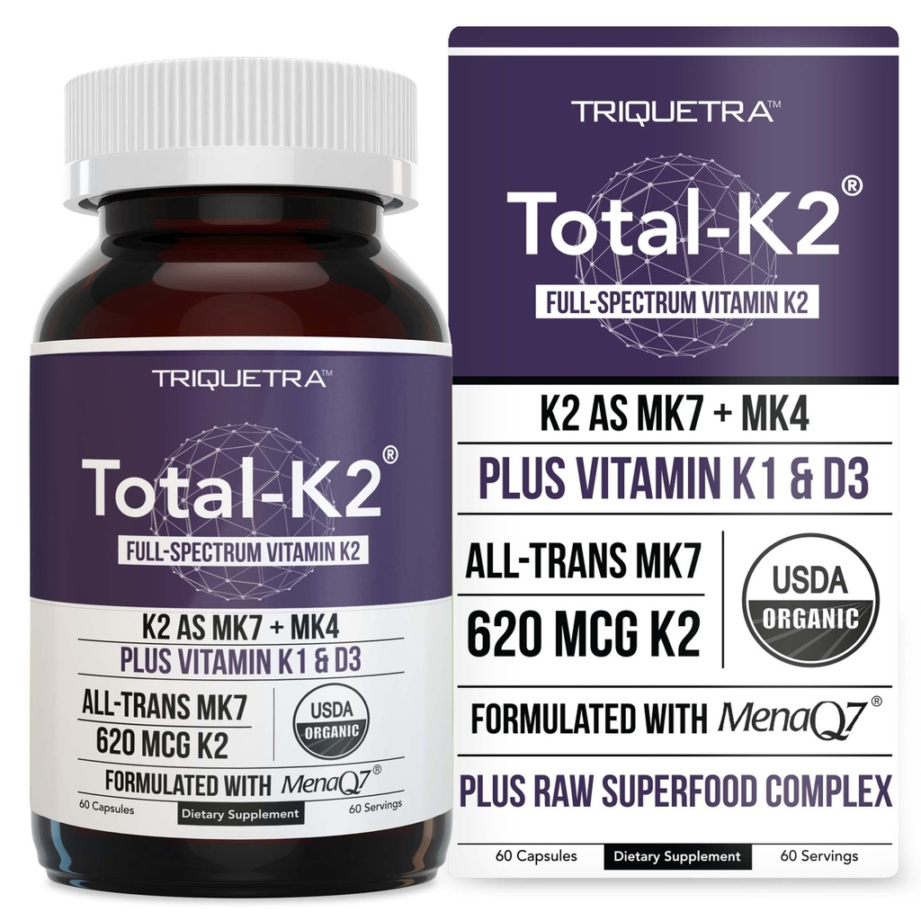 Yhteensä K2® ... K2-vitamiini MK7 & MK4 ... Plus K1 & D3-vitamiini Cofactor - 620 mcg K2 per Serving - All-Trans MK7 alkaen MenaQ7® - Full- Spectrum-vitamiini K - Vegan, Organic Certified (60 kapselia)