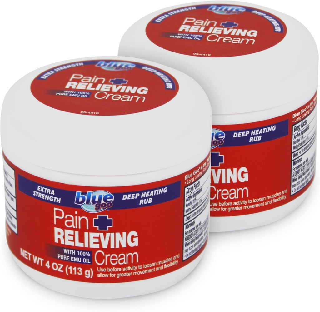 Sininen Goo Maximum Strength Pain Relieving Cream - Deep Lämmitys hiero takaisin/kaula, urheilu Lihas/Joint, nyrjähdykset, Bursiitti, kanta - 2 pakkausta 4 oz, Valmistettu 100% Pure Emu Oil