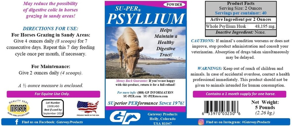 SU-PER Psyllium Horse Digestion Supplement - Ylläpitää Terve Dgestive Tract hevosissa - Tukee hiekan ja lian poistamista suoliston Tract - 5 punta, (2 pakkaus)