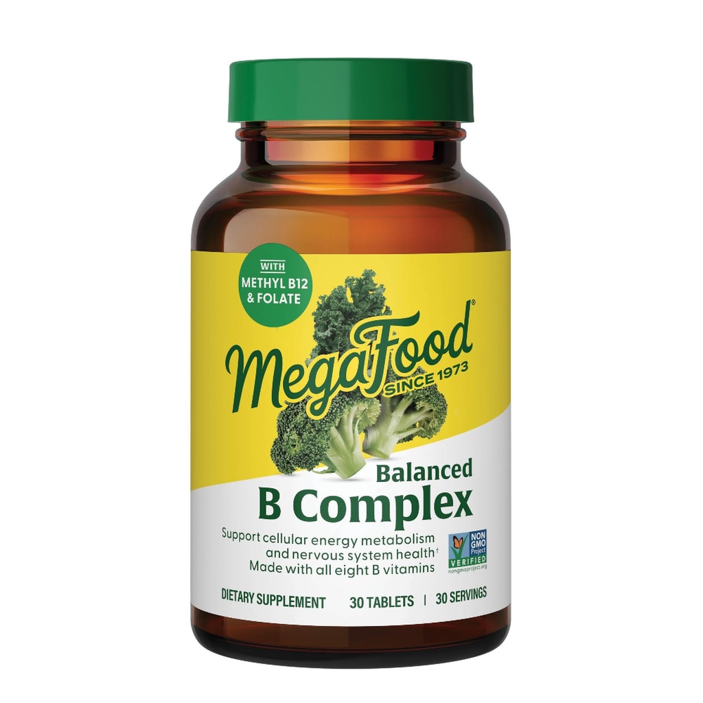 MegaFood Balanced B Complex - B Complex Vitamiini Supplement, 8 B-vitamiinia kuten B6-vitamiinia, B12-vitamiinia, Folaattia, Biotiiniä ja enemmän, Tukee Solun energiatuotanto, Vegaani, Gluteeniton - 30 tablettia
