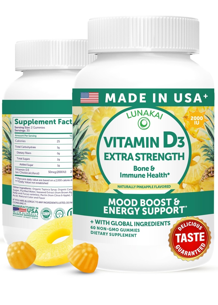 Lunakai USA Made D3-vitamiini Gummies 2000 IU - Ei-GMO, Gluteenittomat D-vitamiini Gummies for Women & Men - Bone, Immuuni & Energy Support, 60ct