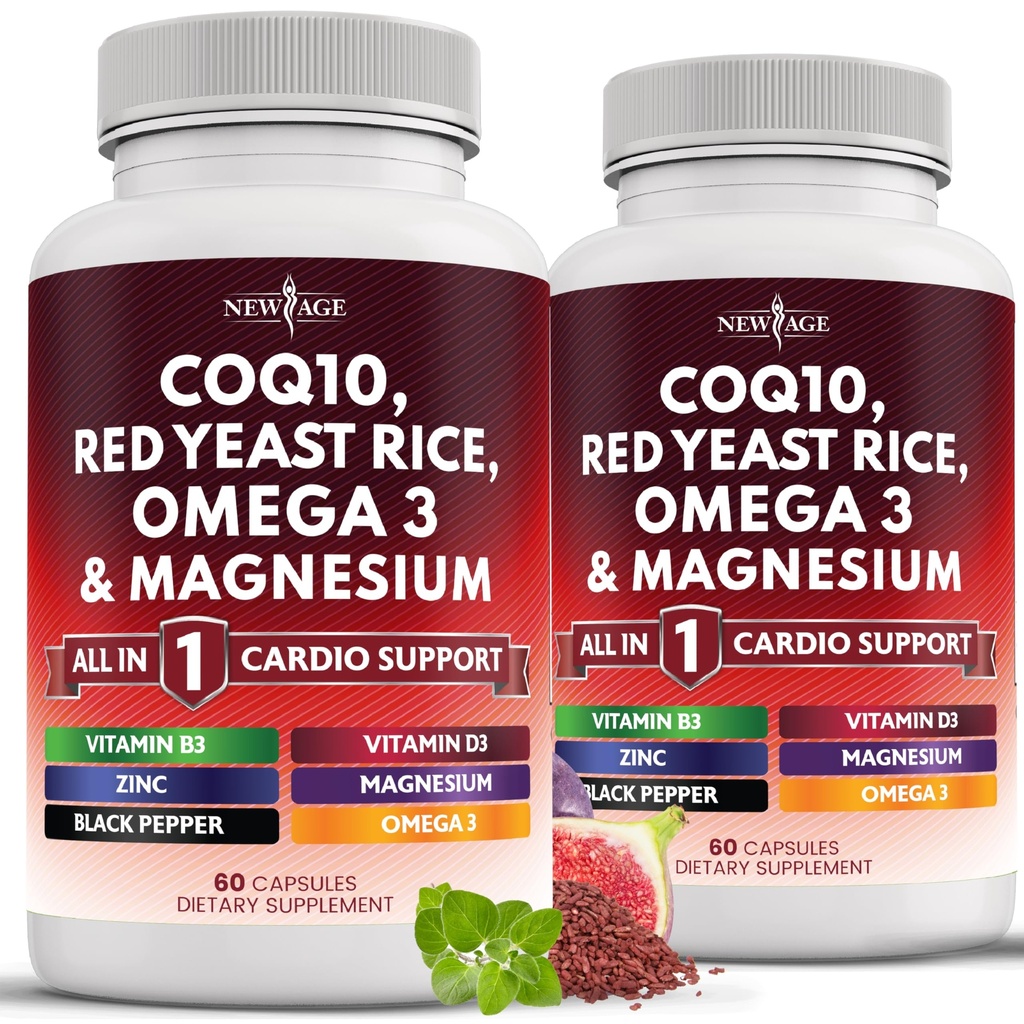 NEW AGE COQ10 200mg Punainen Hiiva Riisi 3000 mg Omega 3-6-9 3000 mg Magnesiumkompleksi 500 mg Sinkkivitamiini K2 D3 - Vitamiinit naisille ja miehille B3-vitamiini, Coenzyme Q10-120