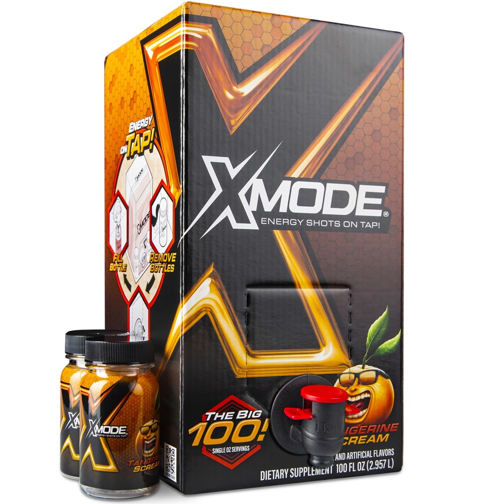 XMODE Extra Strength Energy Shots on Tap - Tangerine Flavor, Sokeriton, 150mg kofeiini per oz, B12, 100 (1oz) Tarjoilut, Jakaja 2 Täytettävät pullot