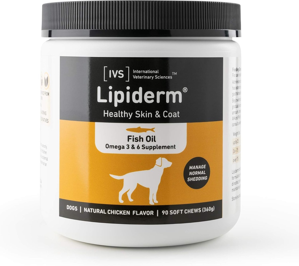 New International Veterinary Sciences IVS Lipiderm Iho ja nahka Kalaöljy Omega 3 ja 6 Ruokavalio Supplement Dogs, Made in the USA (Soft Chews, 90 Count)