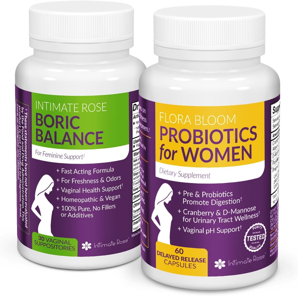 Intimate Rose Combo Pack! Flora Bloom Probiootit naisille (yksi pullo) ja Boric Balance Boric Acid (yksi pullo) 2 pakkaus