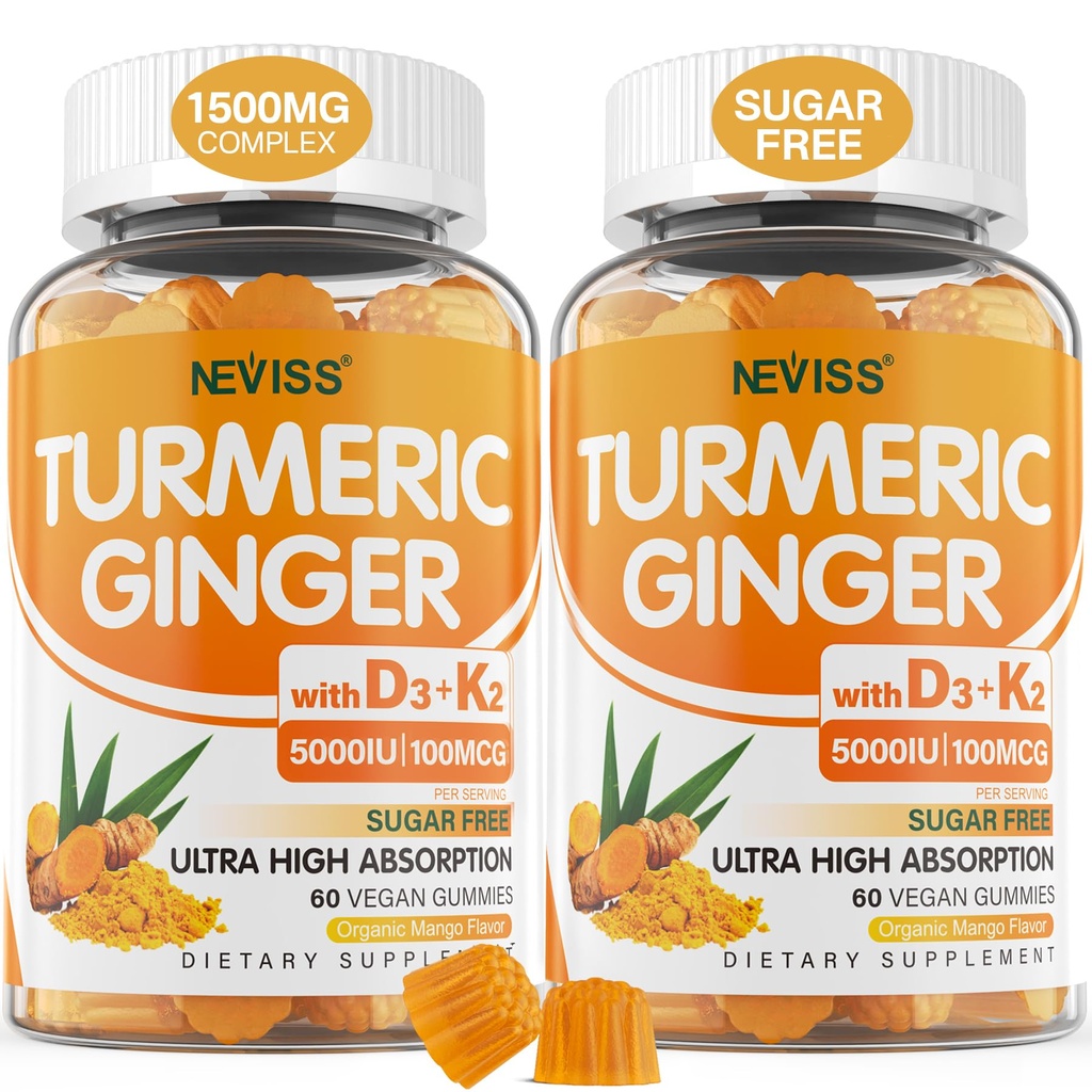 Sugar Gratis Turmeric Ginger Gummies med 5000 IE Vitamin D3 & K2 (MK7), C - Vegan Turmeric Supplement Gummies för vuxna 1500mg med Black Pepper, Stöder Ben, Immune & Digestive Health - 120 Cts