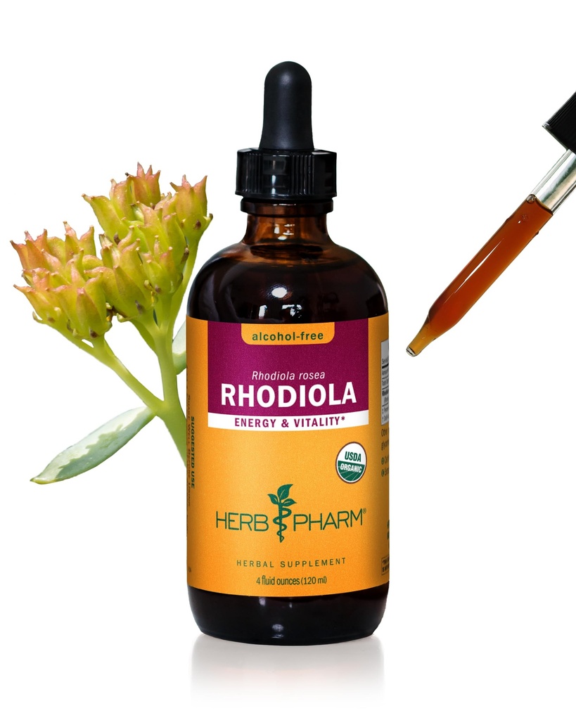 Herb Pharm Certified Organic Rhodiola Root Extract for Energy, Endurance and Stamina, Alkoholiton Glyseriitti, 4 Ounce