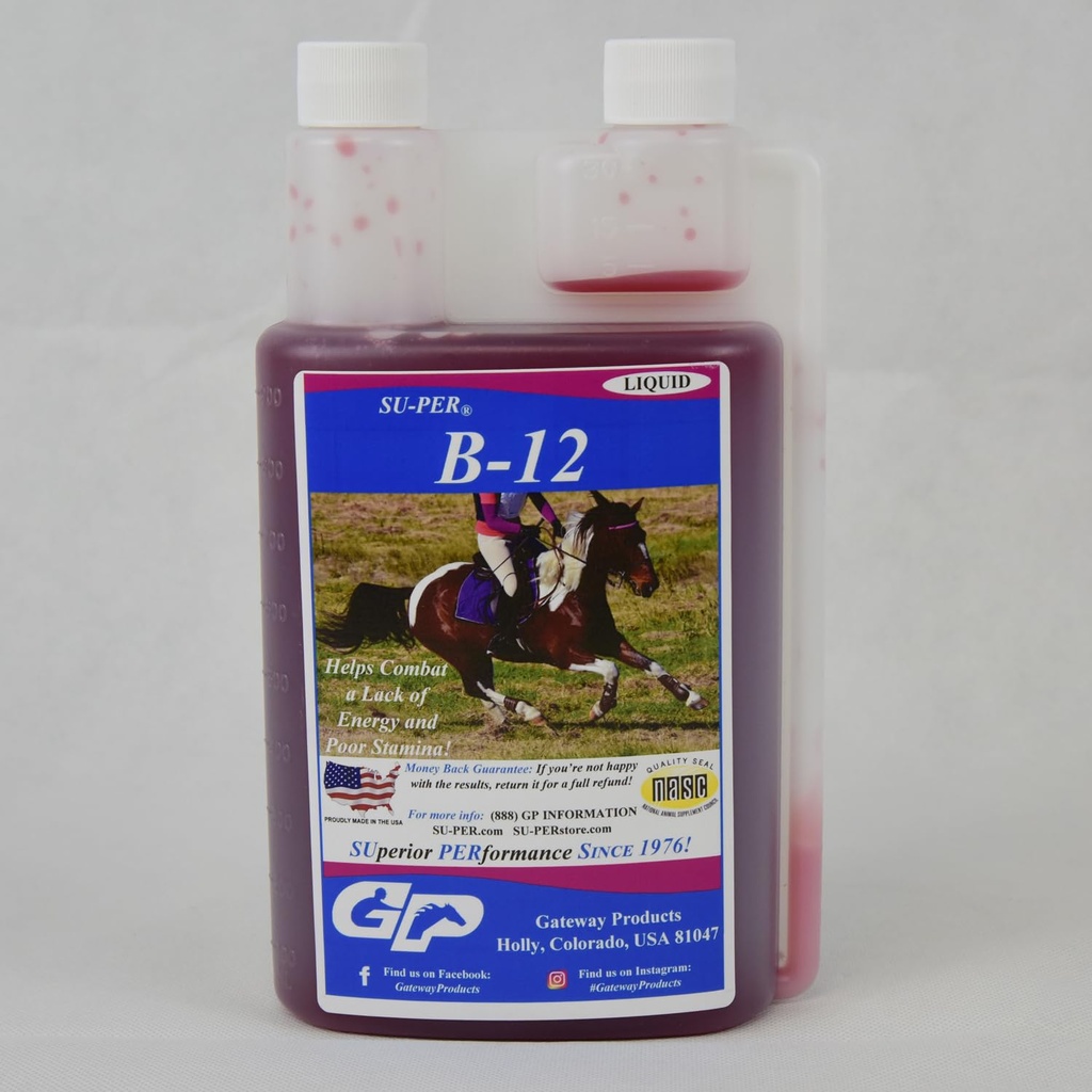 Su-PER B-12 Energy Horse Supplement - Hevosen vitamiinit B-12 & B-9 Foolihappo tuki neste - Punainen verisolu tuotanto & kestävyys tuki Peak Performance - Quart, (2 Pack)