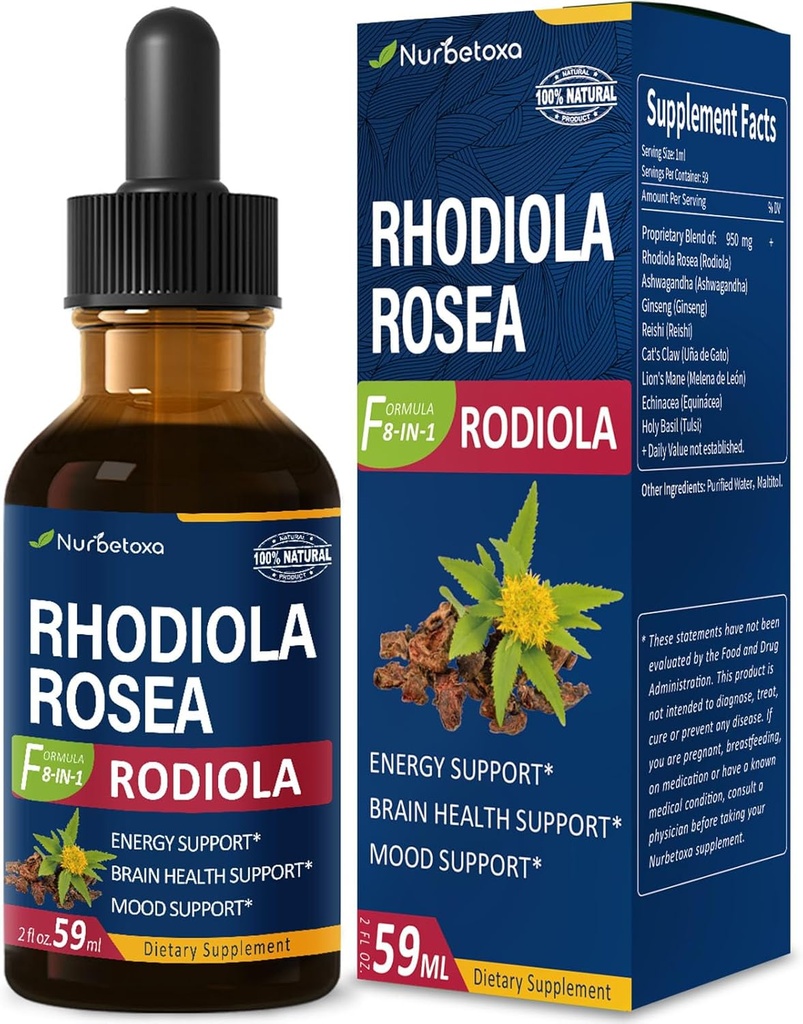 Rhodiola Rosea (Rodiola) Extract Drops, Natural Adaptogen Supplement/W Ashwagandha, Ginseng, Holy Basil, & Echinacea for Energy, aivojen terveys, Immunty & Mood Support. 2oz