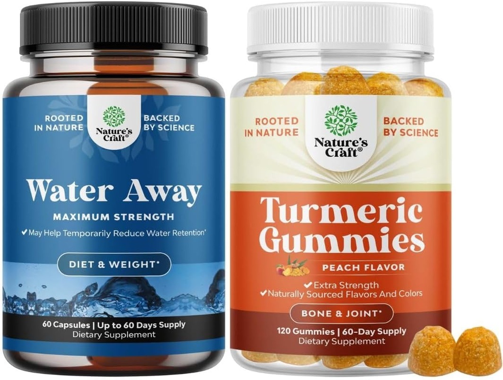 Bundle of Water Away pillereitä Maximum Strength for Water Retention for Fast Acting Bloating Relief and Turmeric Gummies for Aikuinen persikka maku - Extra Strength yhteinen tuki Gummies