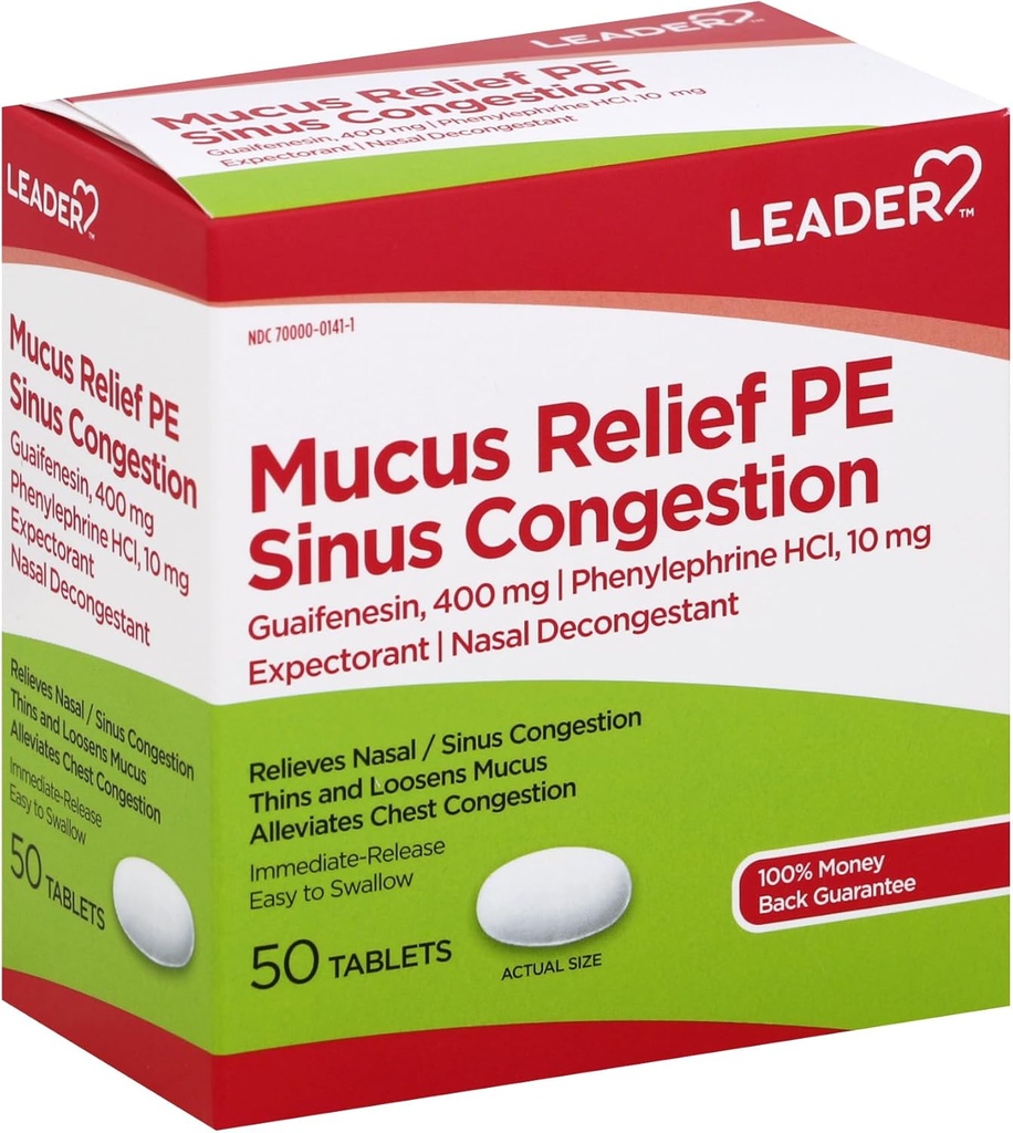 Leader Mucus Relief PE Sinus Congestion, Expectorant; Nasal Decongesstant, ohut ja Loosens lima, välittömästi release, Alleviates Chest Congestion, 50 tablettia