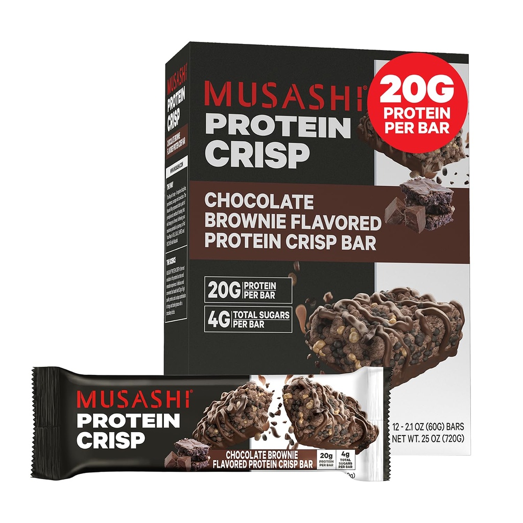 MUSASHI proteiini Crisp Bar, 20g proteiinia, 4g yhteensä sokeria, suklaata Brownie, Post Treout ja välipalaa Go, 12 pakkaus 2,1oz (60g) Bars