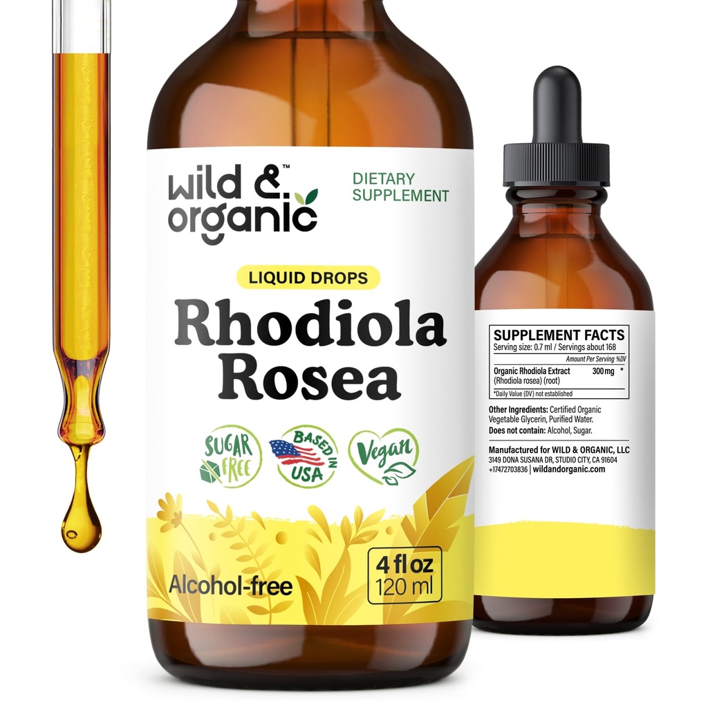 Wild & Organic Rhodiola Rosea Tincture - Rhodiola Rosea täydentää mielialatuki - rentouttava juuriuute Liquid Drops - Vegan, sokeria & alkoholiton - 4 fl oz