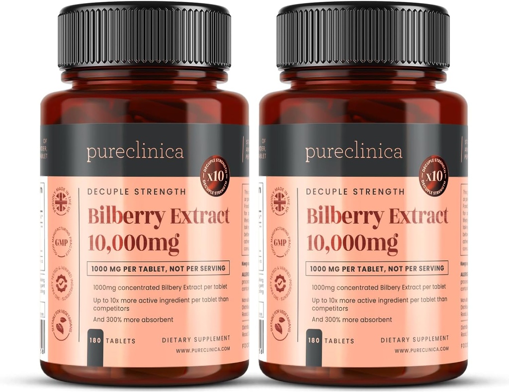 sureklinica Bilberry Extract 10 000 mg x 360 tablettia (2 purkkia) - 10 x enemmän Antosyanidiiniä per tabletti kuin useimmat muut - ja 5 mg Black Pepper Extract 300% Lisääntynyt imeytyminen