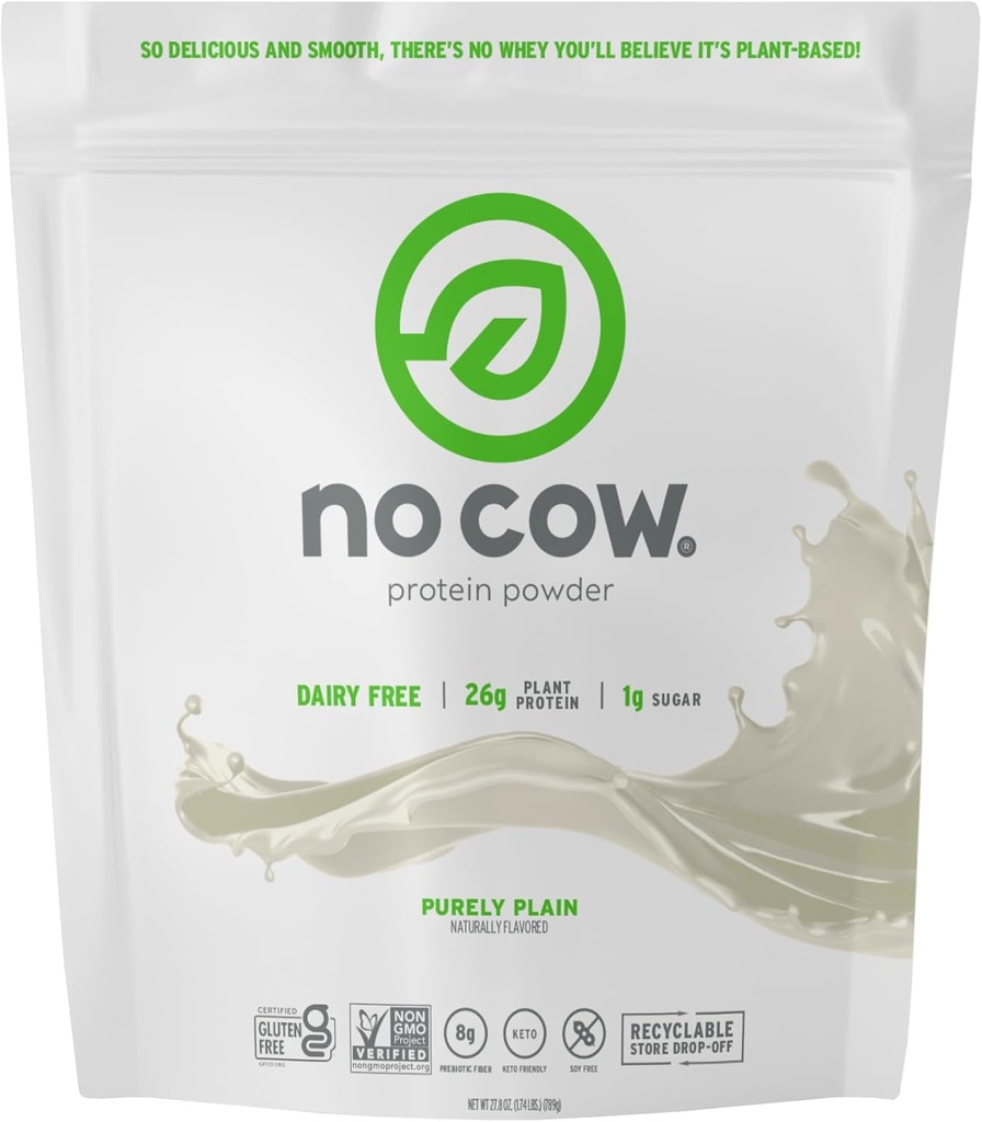 No Cow Vegan Protein Powder, Purely Plain, 26g Plant Based Protein, Recyclable Bag, Dairy Free, Soy Free, No Sugar Added, Keto Friendly, Gluten Free, Naturally Sweetened, Non GMO, Kosher, 1,74 Pound