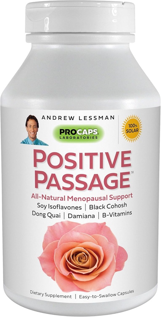 Andrew LESSMAN Positive Passage 180 kapselia - Natural Menopausal Tuki ja tasapaino naisten hormoni tasoilla. Soy Isoflavones, Black Cohosh, Dong Quai, Damiana. Ei lisäaineita