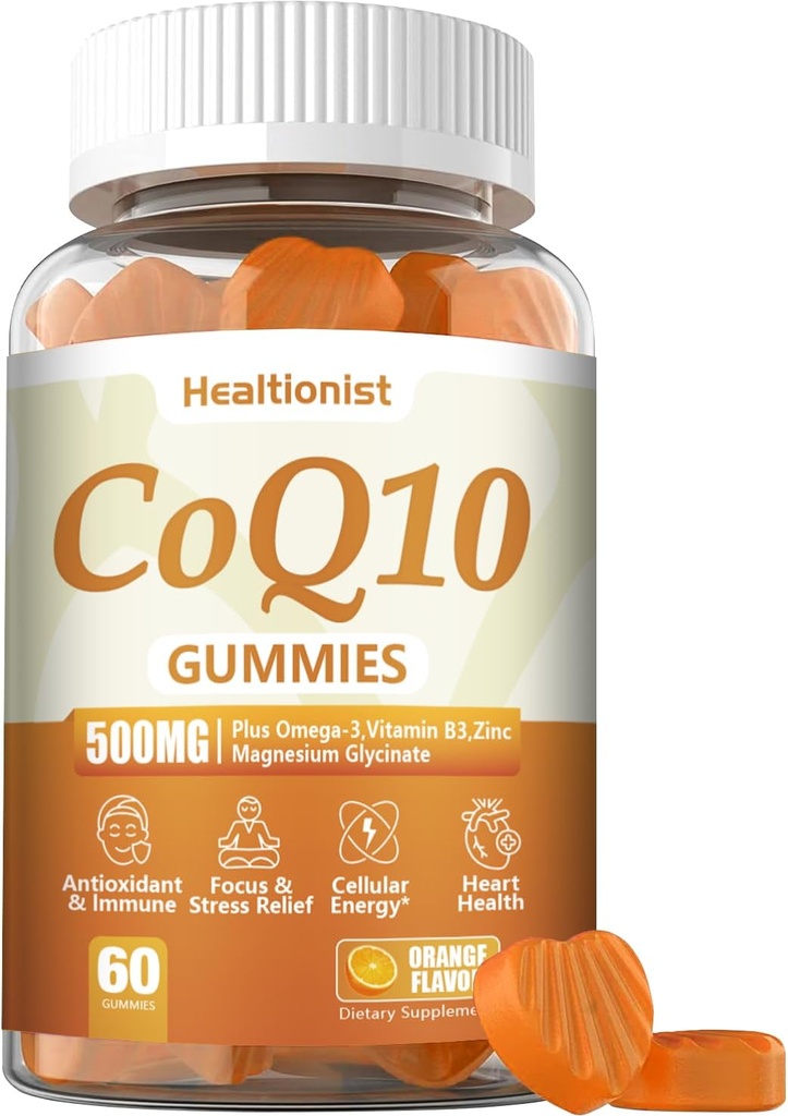 1 pakkaus 500MG Coq10 Gummies - 3X Better Absorptio, Plus Omega-3, Magnesium, B3-vitamiini ja sinkki - Coenzyme Q10 lisäravinteet sydämen terveys, soluihin energia & antioksidantti, vegaaninen, 60 kreiviä