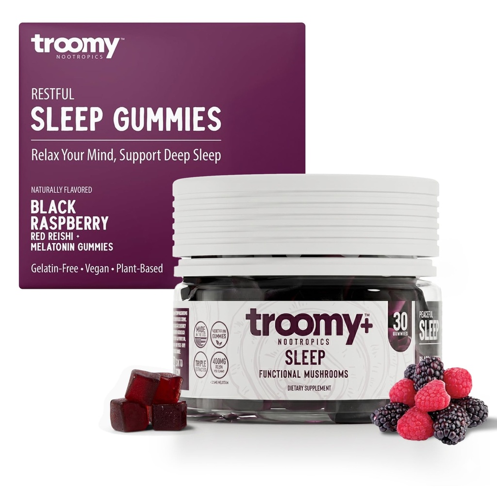 Troomy Sleep Reishi + Melatoniinin suuri maistaminen sieni Gummies - Tukee levollista unta - musta vadelma - 30 Count