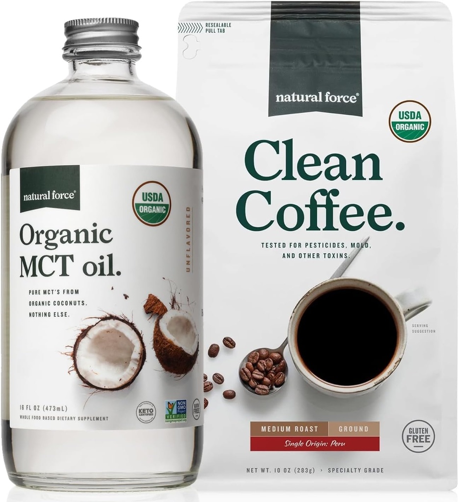 Natural Force Organic Ground Clean Coffee + Organic MCT Oil Bundle 100% Pure Coconut MCTs & Mold & Mycotoxine Free Coffee ...